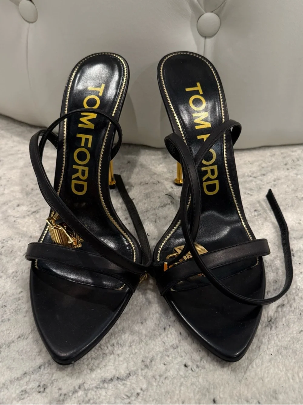 Tom Ford Black Strappy Leather Stiletto Lock Sandals